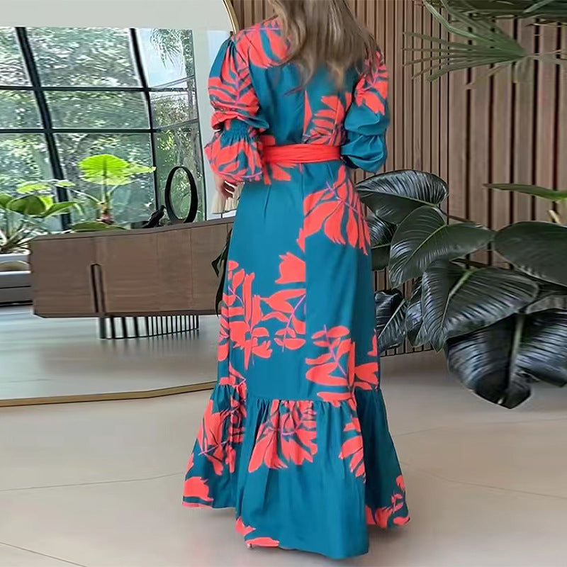 Tropical Leaf Print Deep V-Neck Maxi Dress with Puff Sleeves and Belt