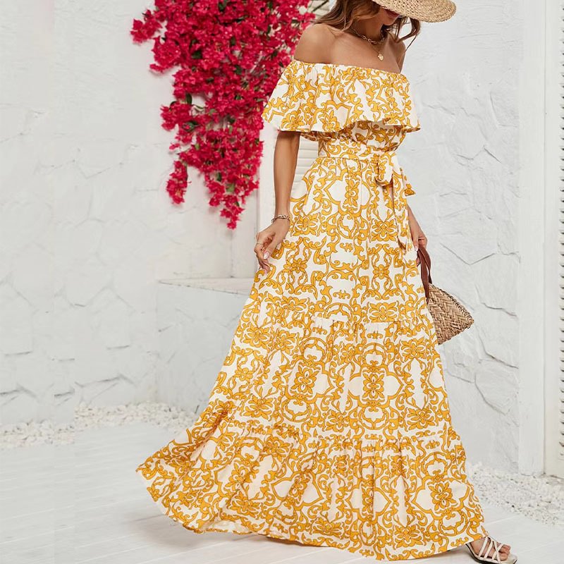 Off Shoulder Ruffled Maxi Dress with Floral Print and Belt