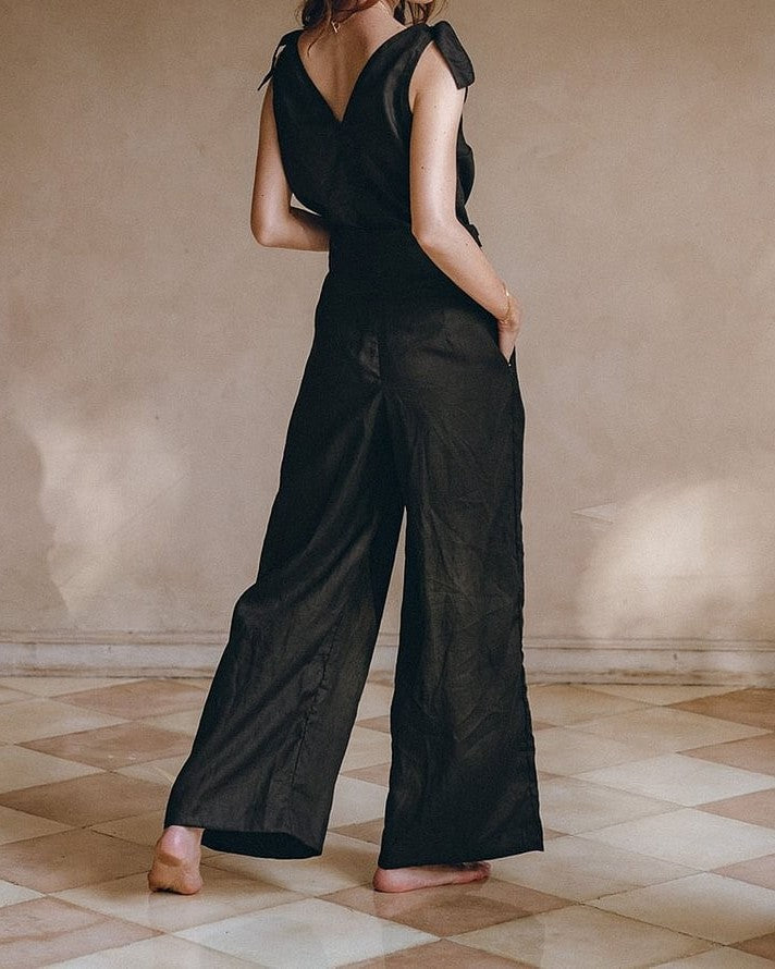 Linen Tie-Shoulder Top and Wide-Leg Pants Two-Piece Set