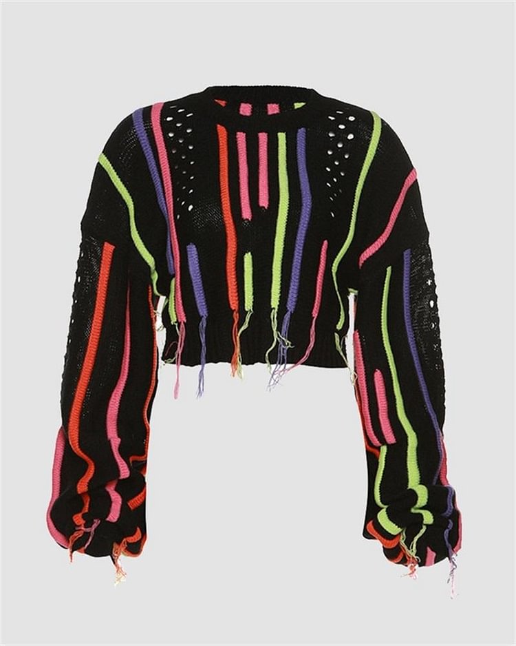 Colorful Striped Distressed Fringe Cropped Sweate