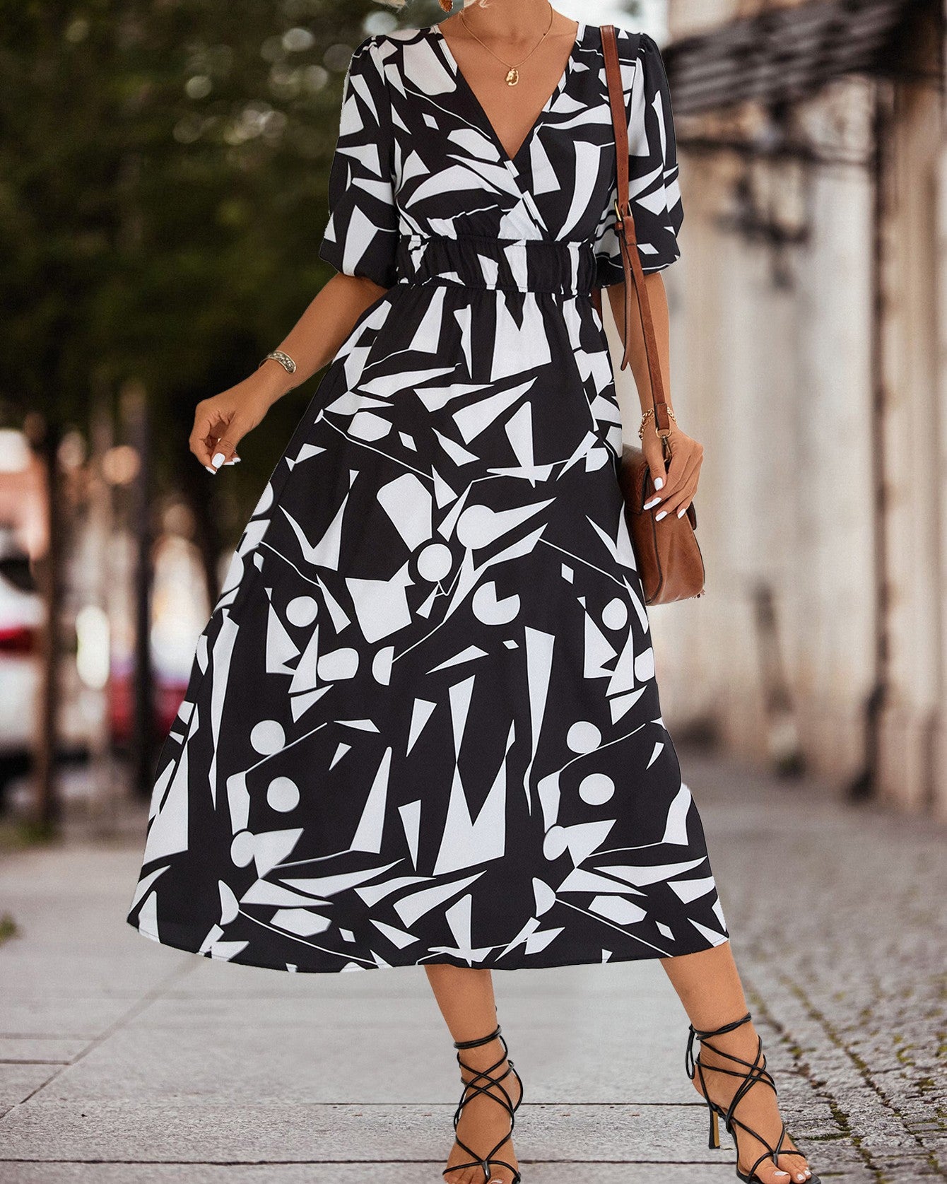 Geometric Print V-Neck Puff Sleeve Midi Dress with Smocked Waist
