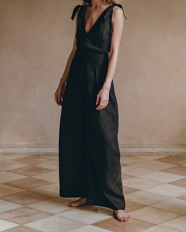 Linen Tie-Shoulder Top and Wide-Leg Pants Two-Piece Set