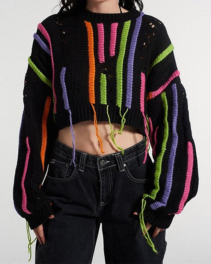 Colorful Striped Distressed Fringe Cropped Sweate