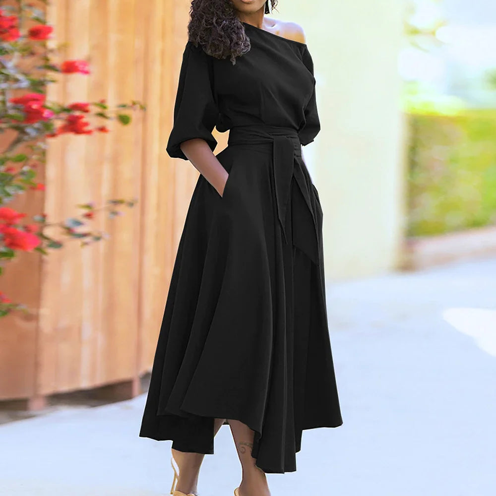 One-Shoulder Puff Sleeve Midi Dress with Belt and Pockets