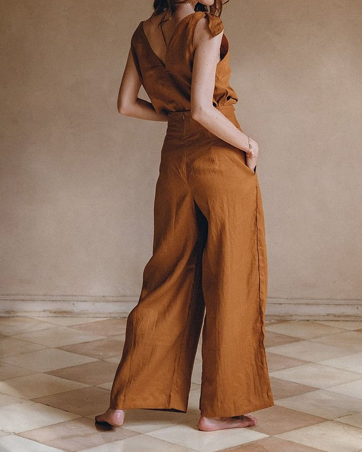 Linen Tie-Shoulder Top and Wide-Leg Pants Two-Piece Set