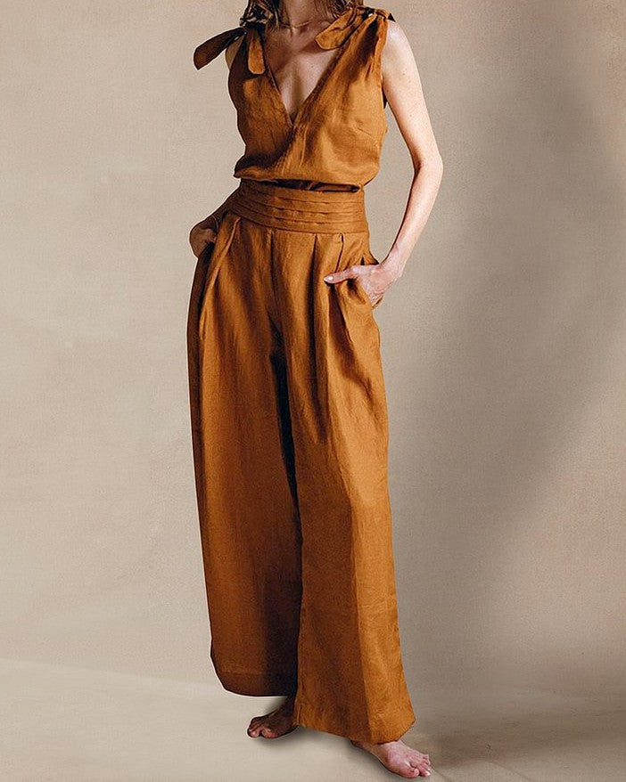 Linen Tie-Shoulder Top and Wide-Leg Pants Two-Piece Set
