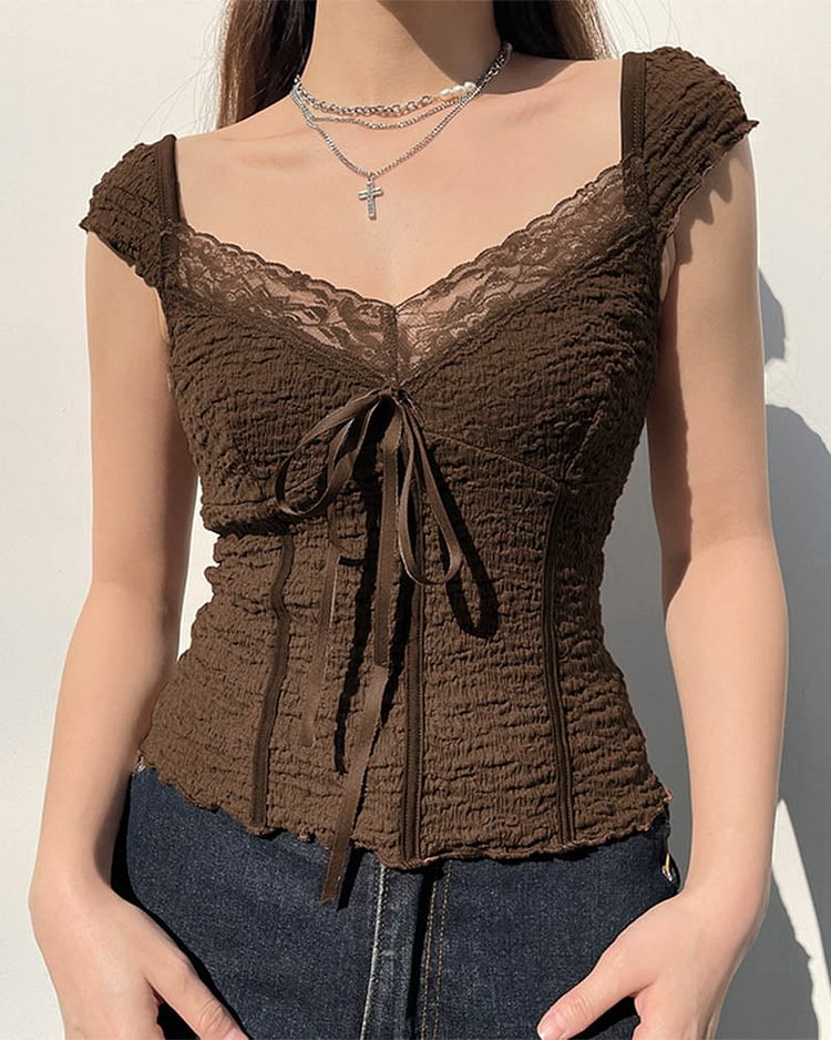 Lace Trim Ruched Corset Top with Bow Detail