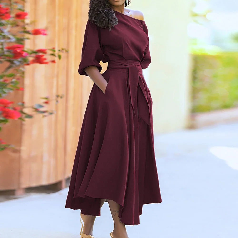 One-Shoulder Puff Sleeve Midi Dress with Belt and Pockets