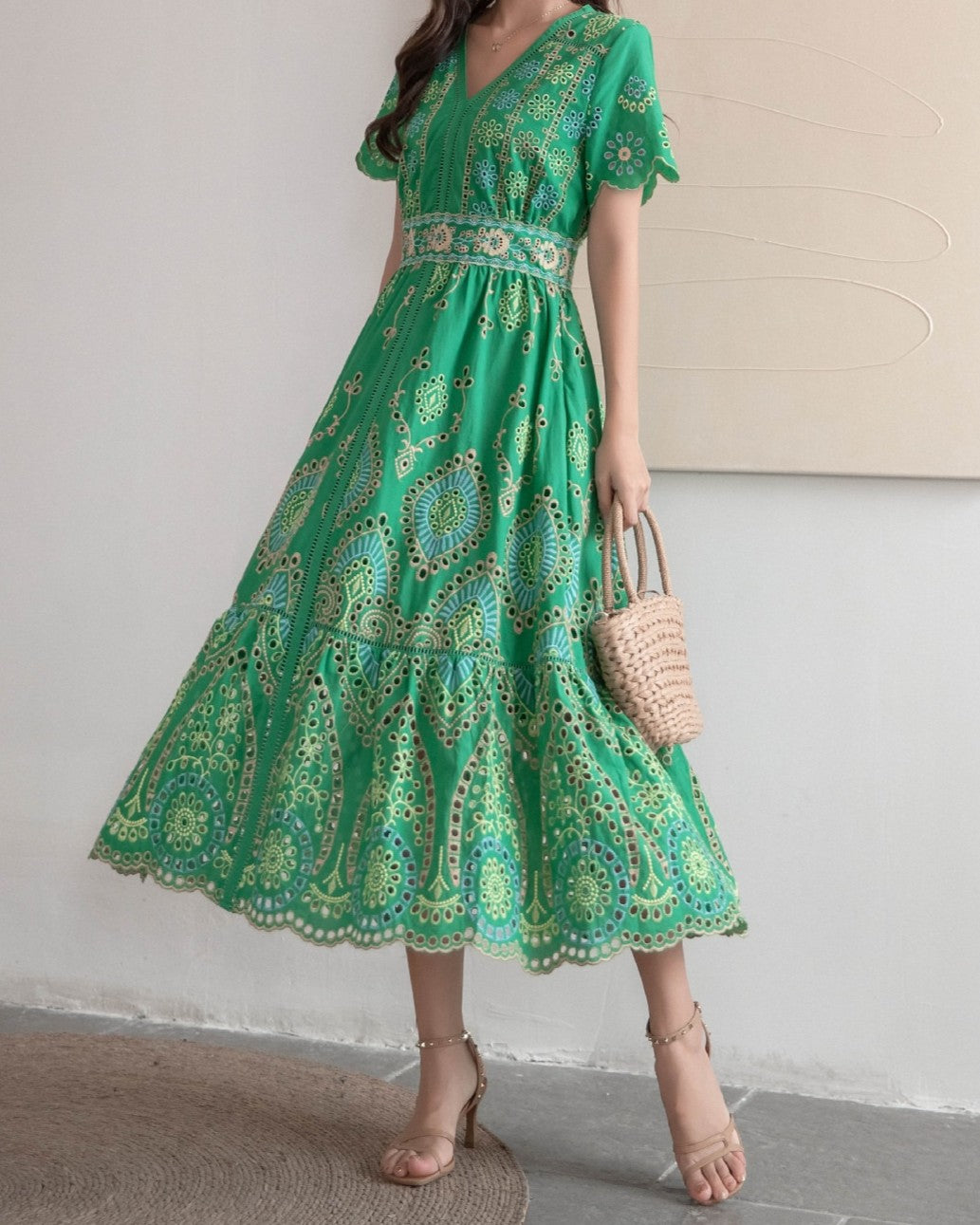 V-Neck Embroidered Eyelet Midi Dress with Scalloped Sleeves