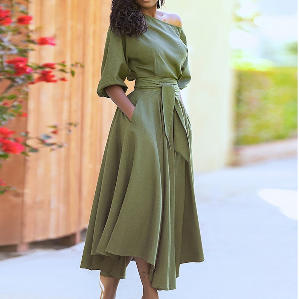 One-Shoulder Puff Sleeve Midi Dress with Belt and Pockets