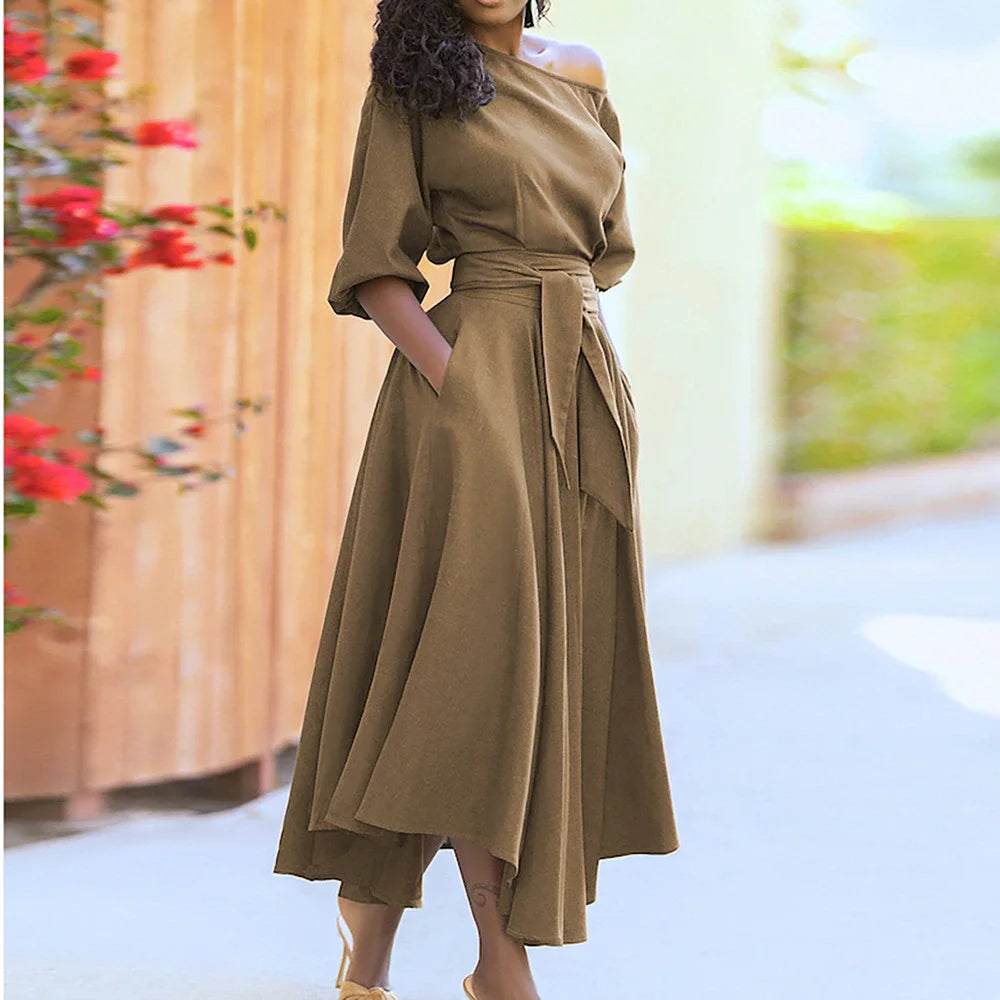 One-Shoulder Puff Sleeve Midi Dress with Belt and Pockets