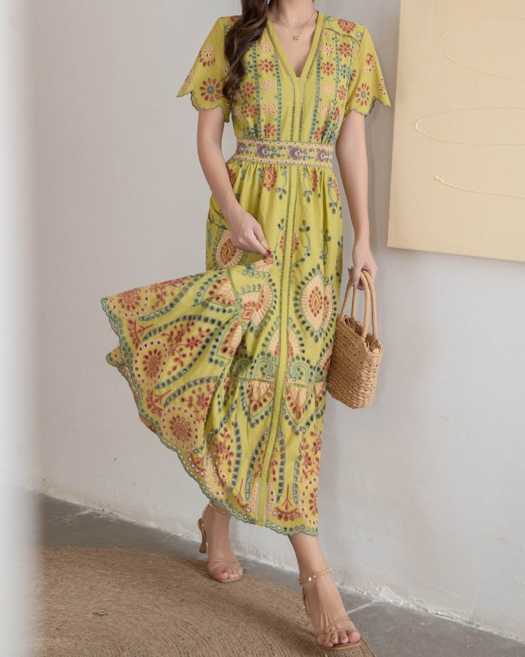V-Neck Embroidered Eyelet Midi Dress with Scalloped Sleeves