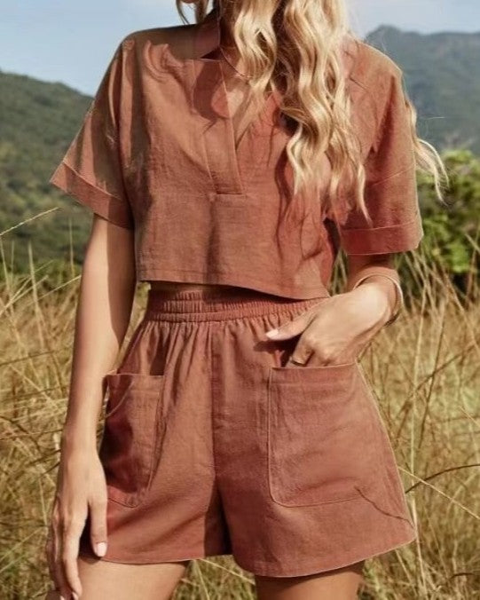 Linen Blend Cropped Top and Shorts Set