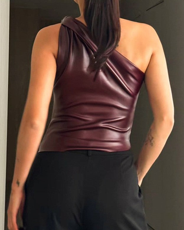 One-Shoulder Ruched Faux Leather Crop Top