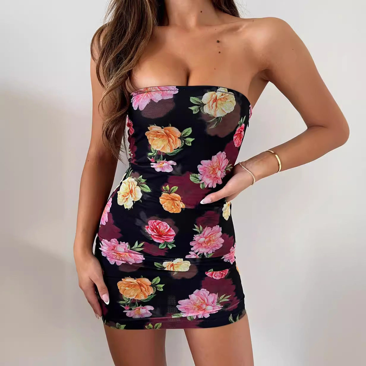 Floral Print Strapless Bodycon Mini Dress