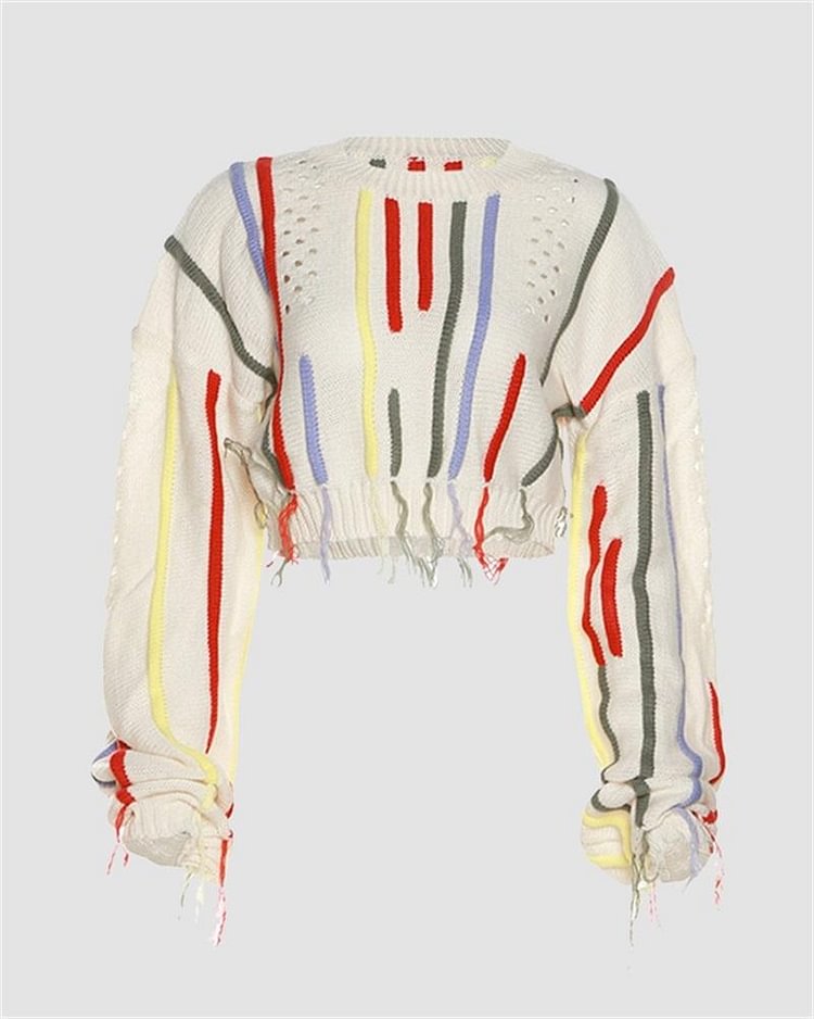Colorful Striped Distressed Fringe Cropped Sweate