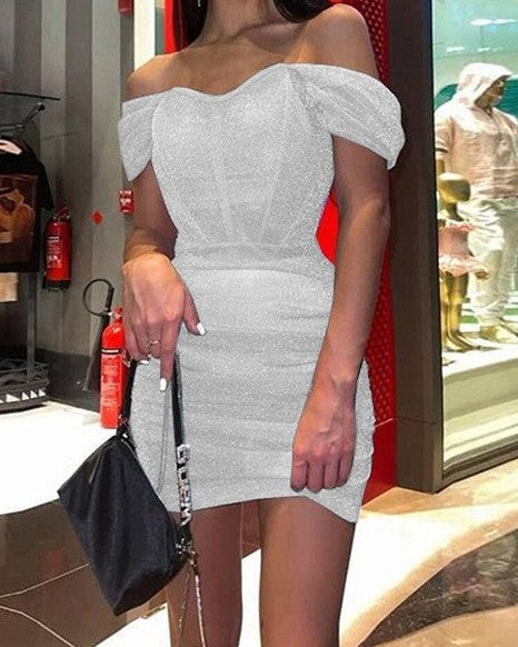 Off-Shoulder Glitter Corset Bodycon Mini Dress