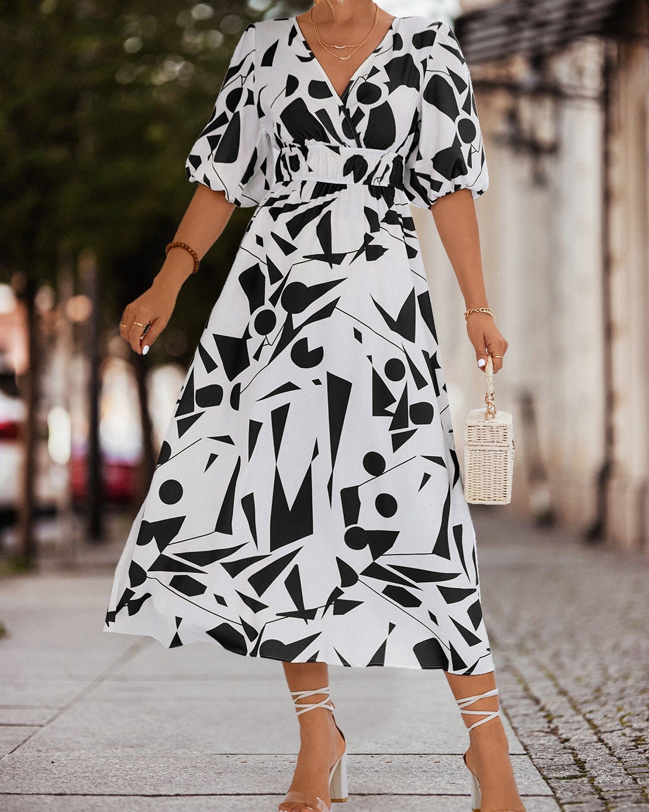 Geometric Print V-Neck Puff Sleeve Midi Dress with Smocked Waist