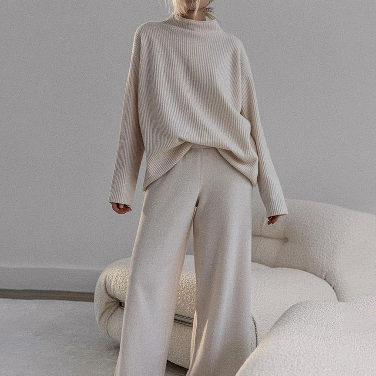 High Neck Ribbed Knit Sweater and Wide-Leg Pants Loungewear Set