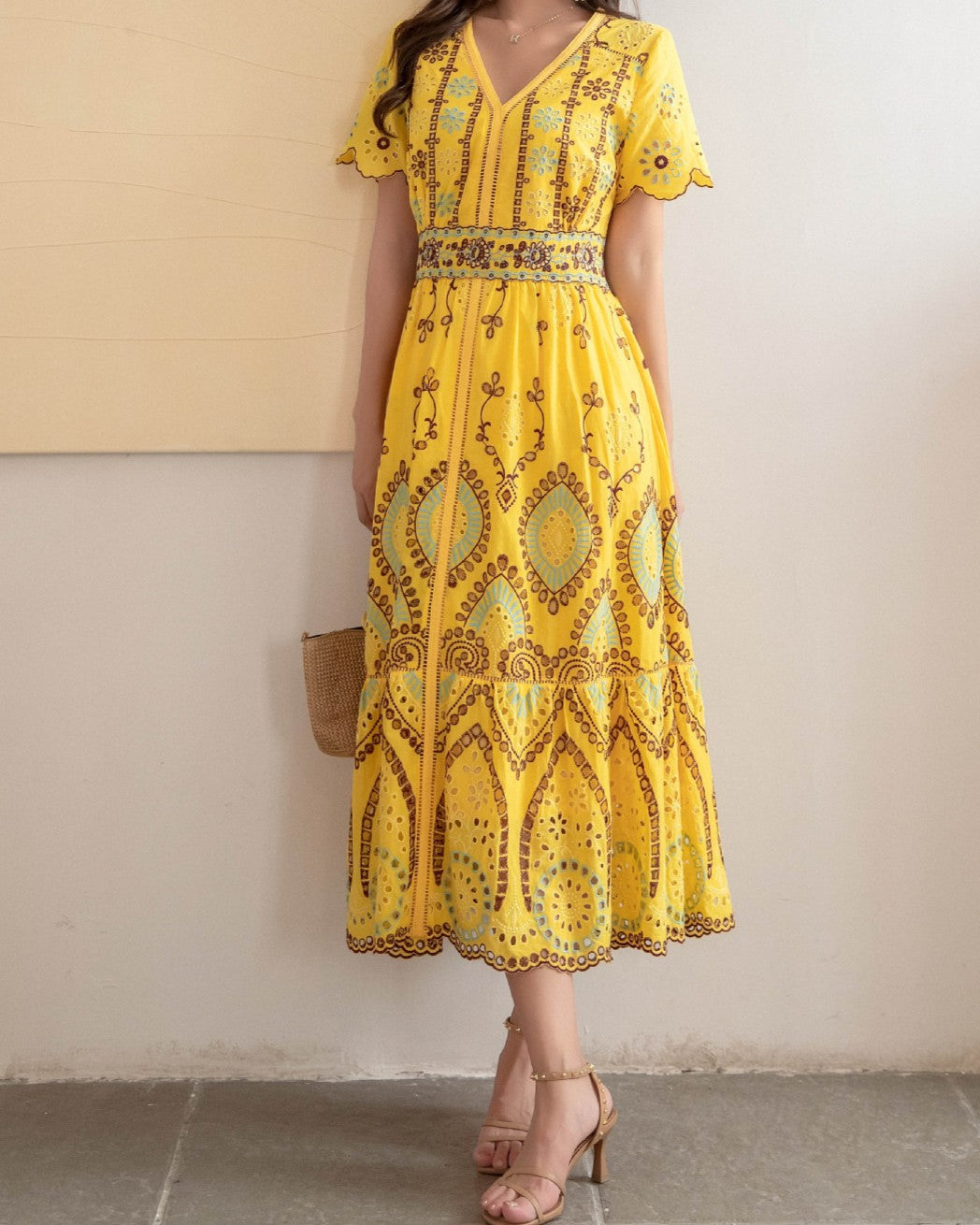 V-Neck Embroidered Eyelet Midi Dress with Scalloped Sleeves
